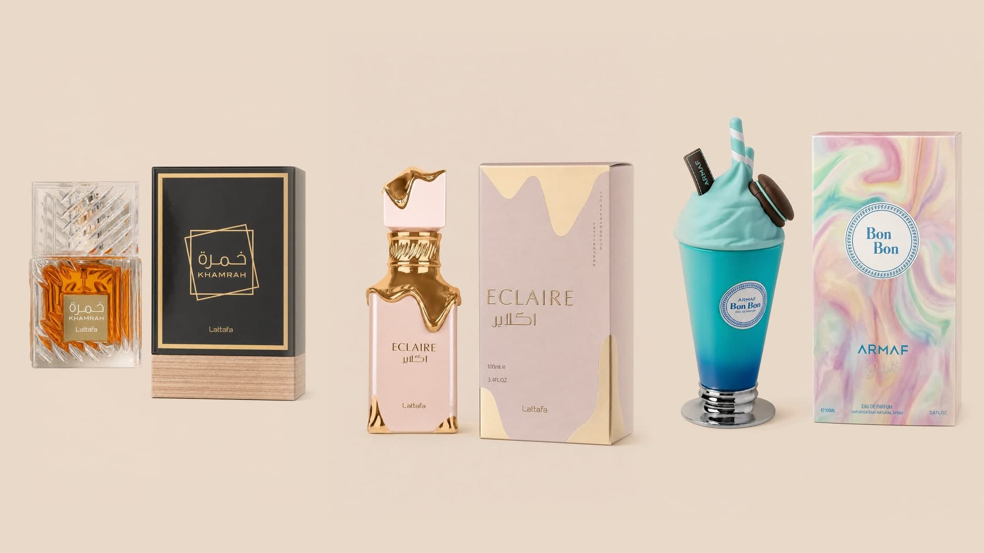 Packshoty Lattafa Khamrah, Lattafa Eclaire i Armaf Delights Bon Bon z kartonikami na beżowym tle