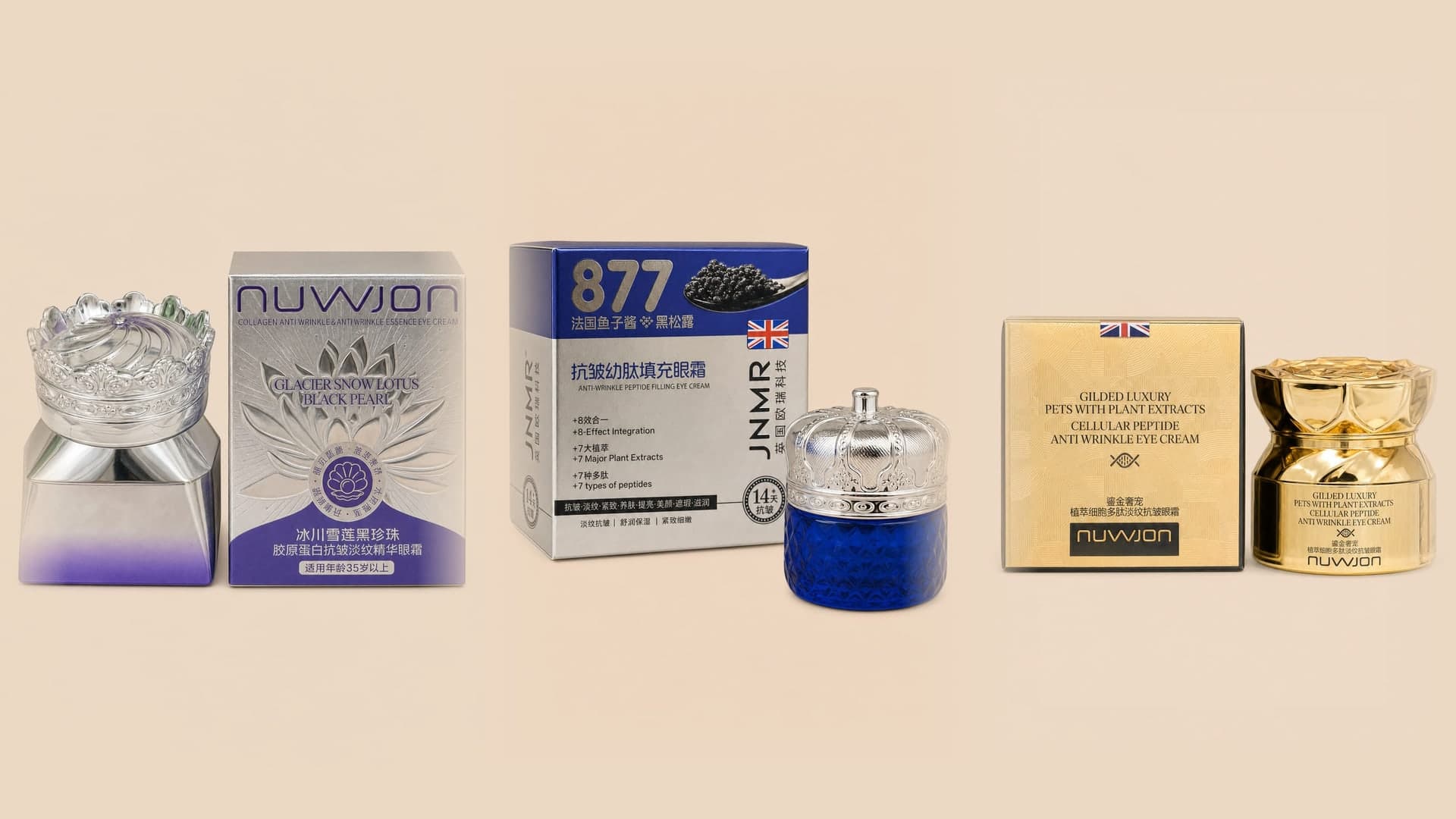 Kremy pod oczy NUWJON Glacier Snow Lotus, JNMR 877 Caviar i NUWJON Gilded Luxury w ozdobnych słoiczkach na beżowym tle